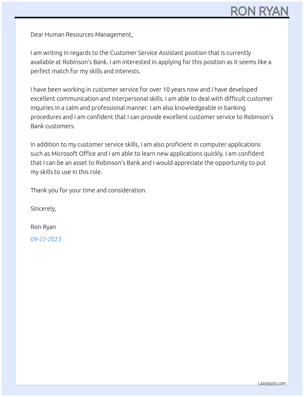 Customer Service Assistant At Robinson's Bank Cover Letter