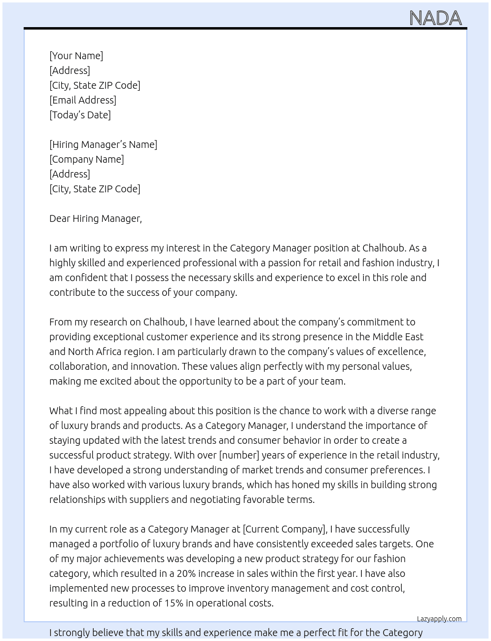 Category manager  At Chalhoub  Cover Letter