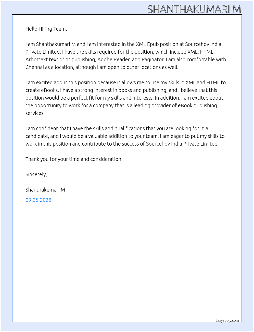 Xml Epub At Sourcehov India Private Limited Cover Letter
