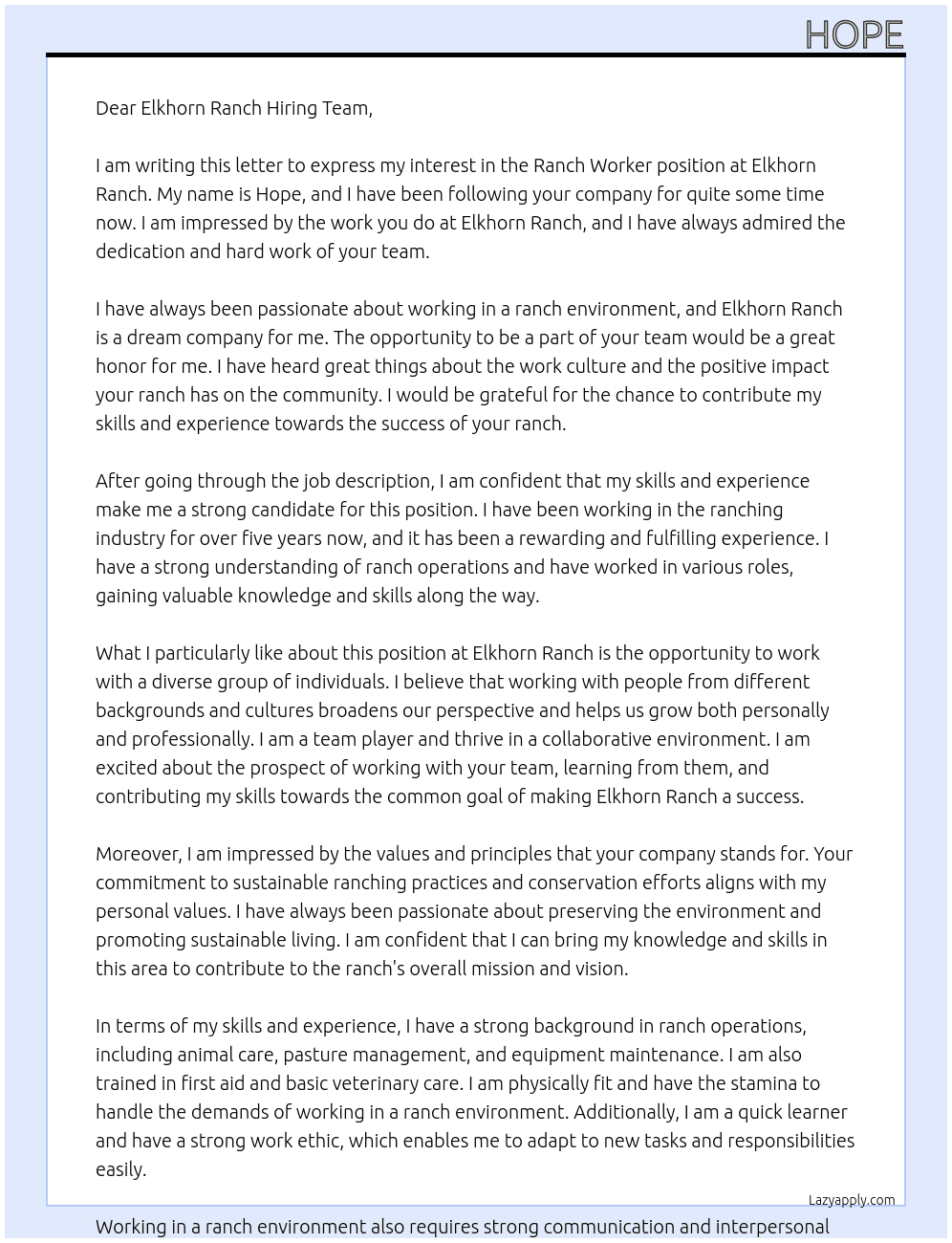 Ranch Worker  At Elkhorn Ranch Cover Letter