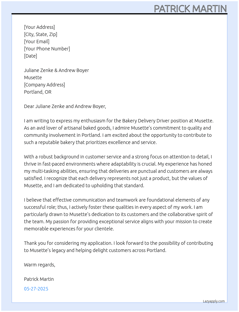 Bakery Delivery Driver At Musette Cover Letter