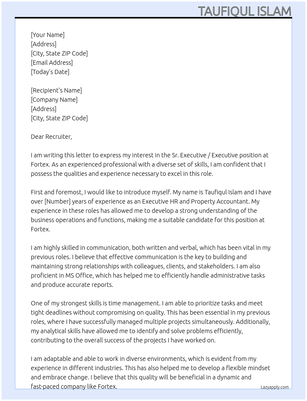 Sr. Executive / Executive At Fortex Cover Letter