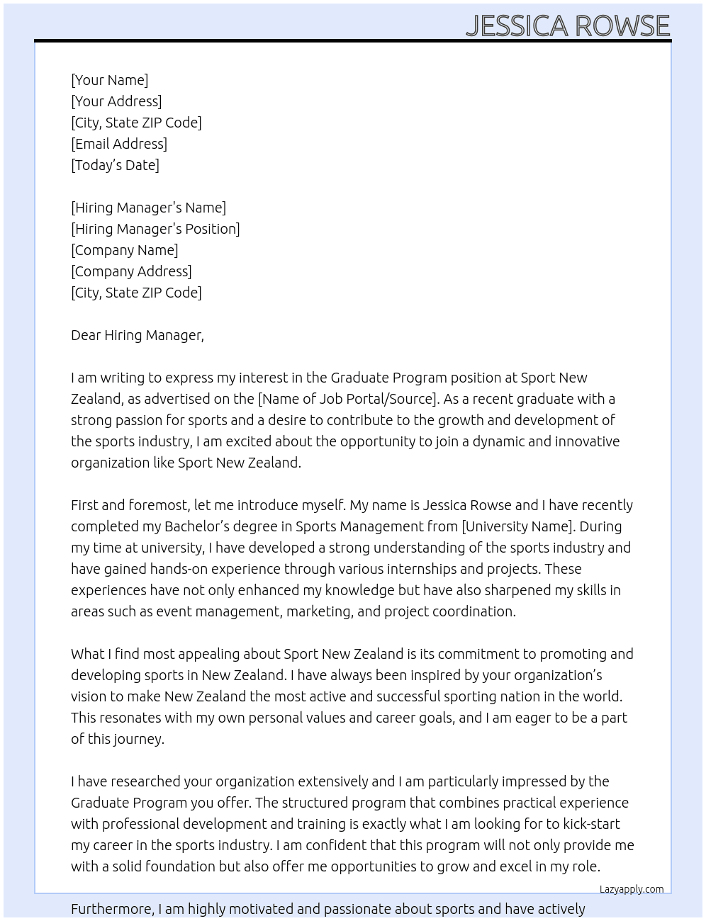 Graduate Program At Sport New Zealand Cover Letter