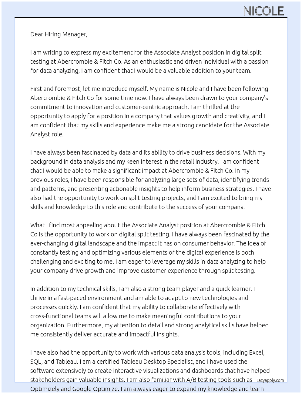 Associate analyst, digital split testing At Abercrombie & Fitch Co Cover Letter