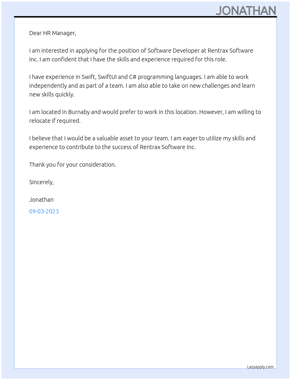 Software Developer At Rentrax Software Inc. Cover Letter