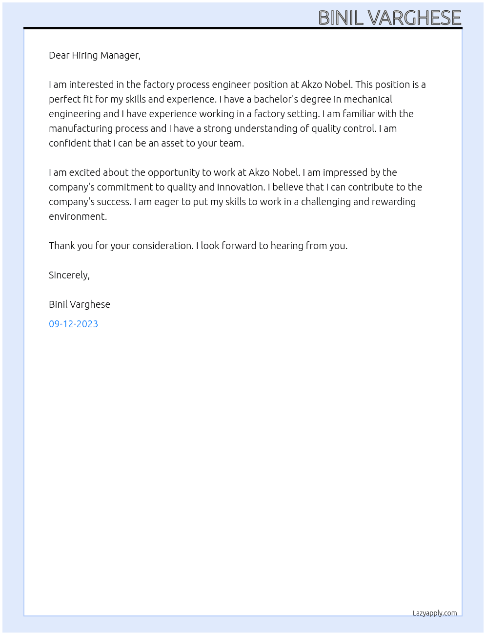 Factory Process Engineer At Akzo Nobel Cover Letter