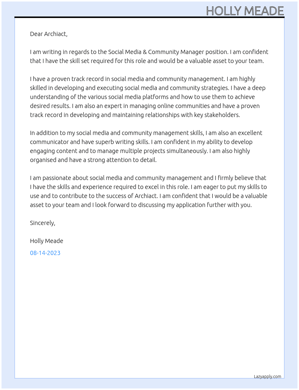Social Media & Community Manager At Archiact Cover Letter