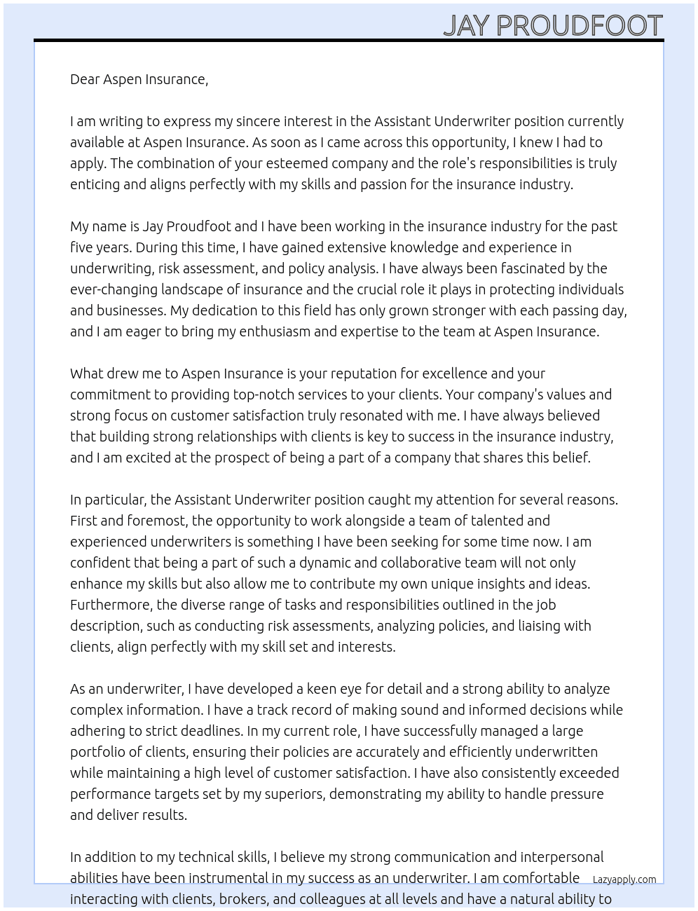 Assistant Underwriter At Aspen Insurance Cover Letter