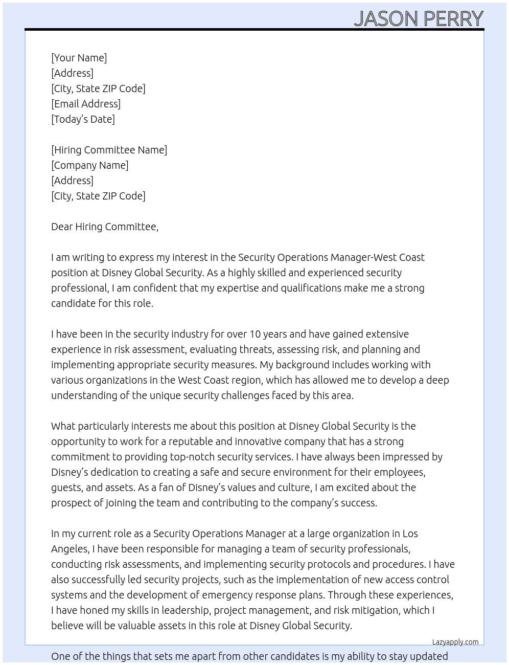 Security Operations Manager-West Coast At Disney Global Security Cover Letter