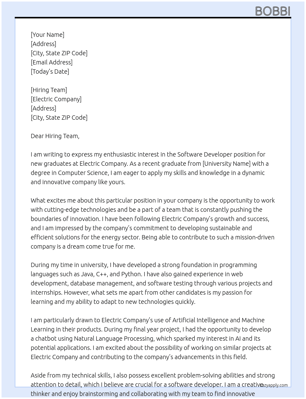 software developer, new grad At Electric company Cover Letter