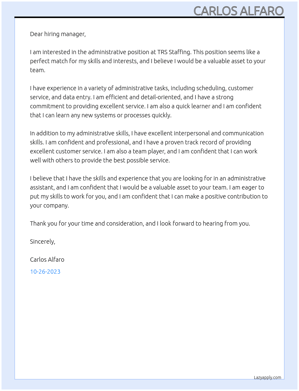 admin At TRS Staffing Cover Letter
