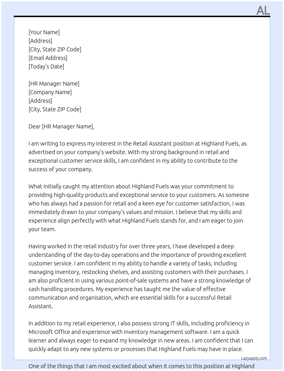 Retail Assistant  At Highland Fuels Cover Letter