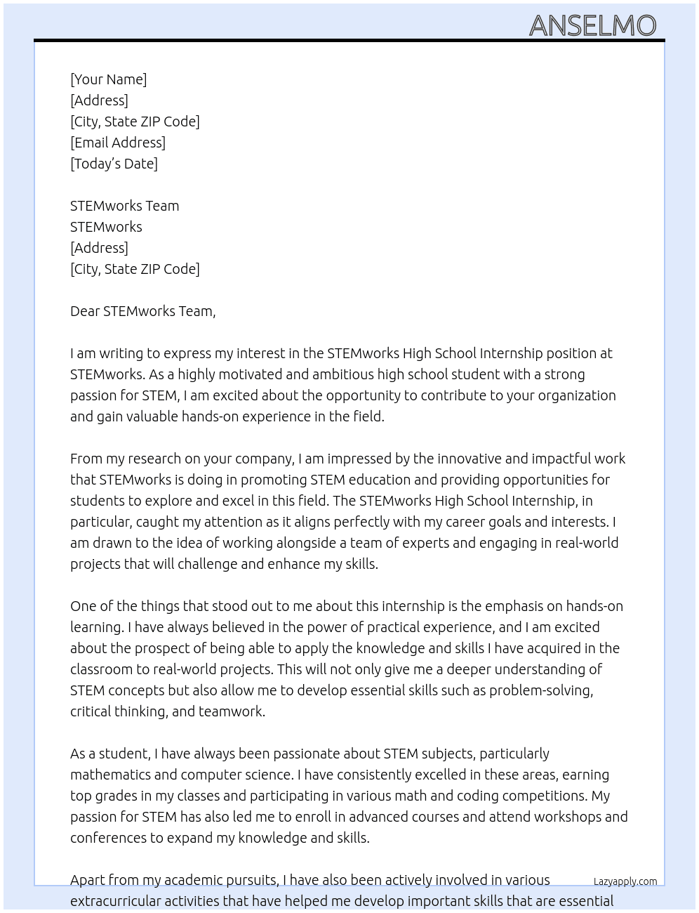 STEMworks High School Internship At STEMworks Cover Letter