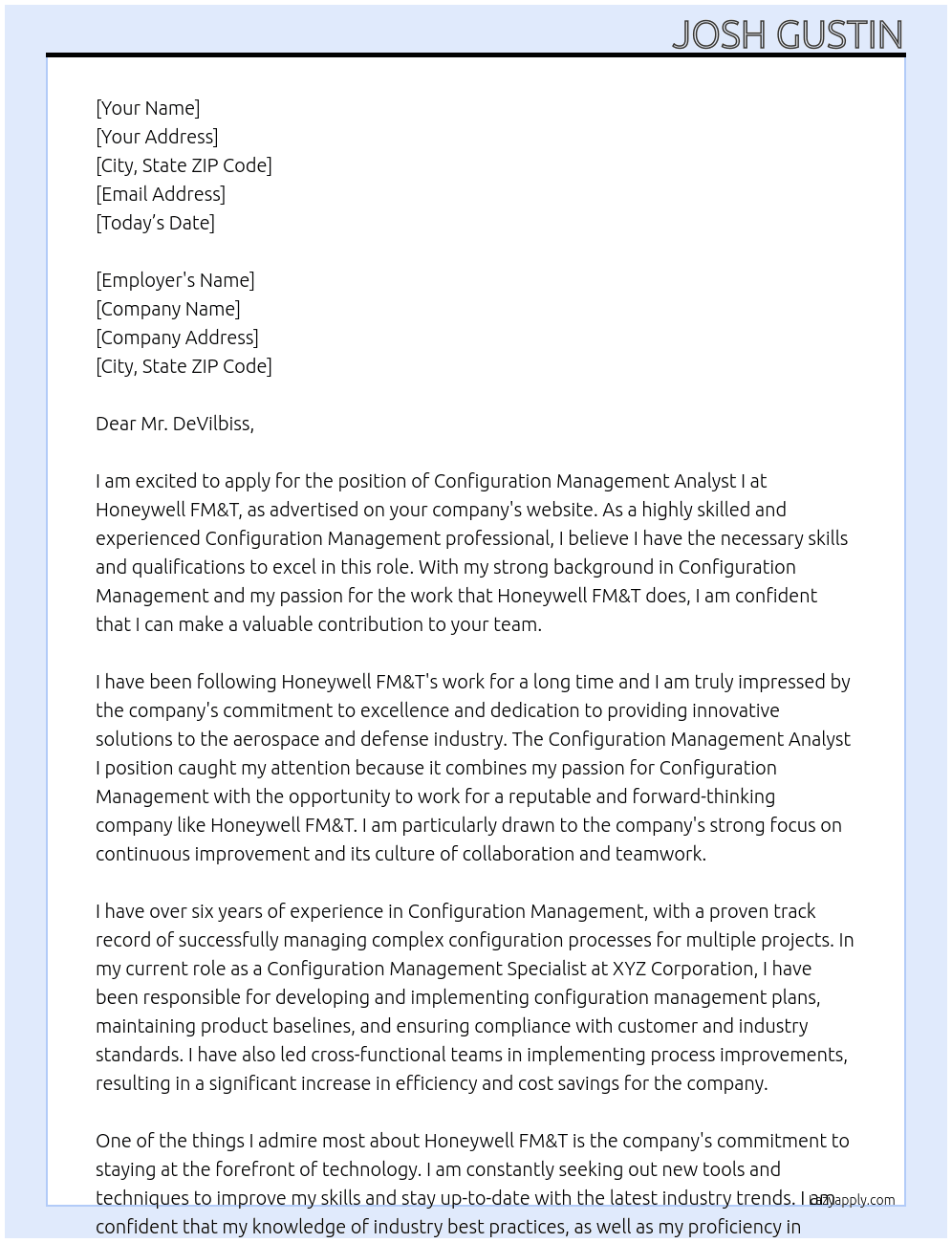 Configuration Management Analyst I At Honeywell FM&T Cover Letter