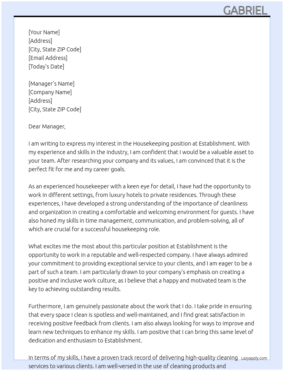 Housekeeping  At Establishment  Cover Letter