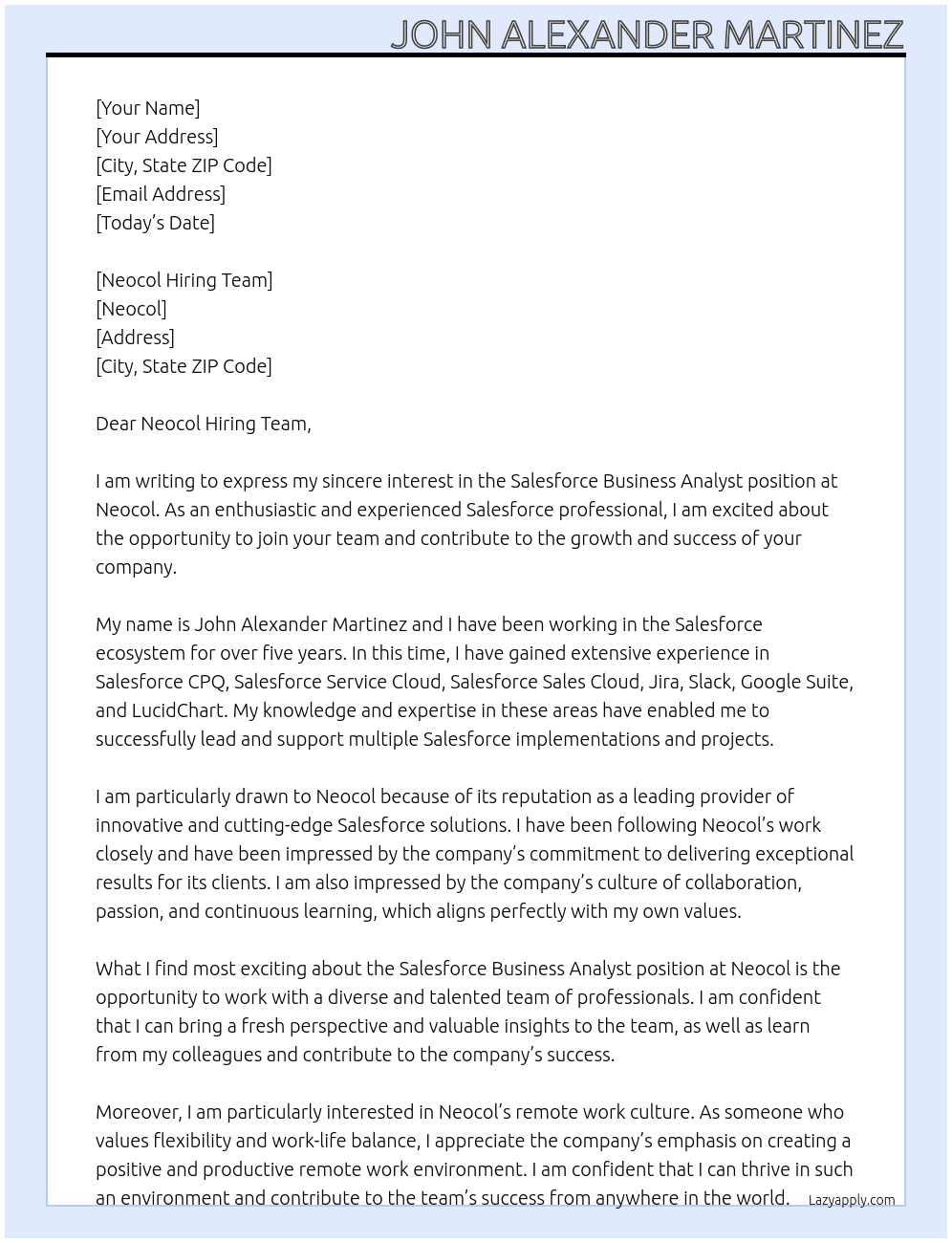 Salesforce Business Analyst At Neocol Cover Letter