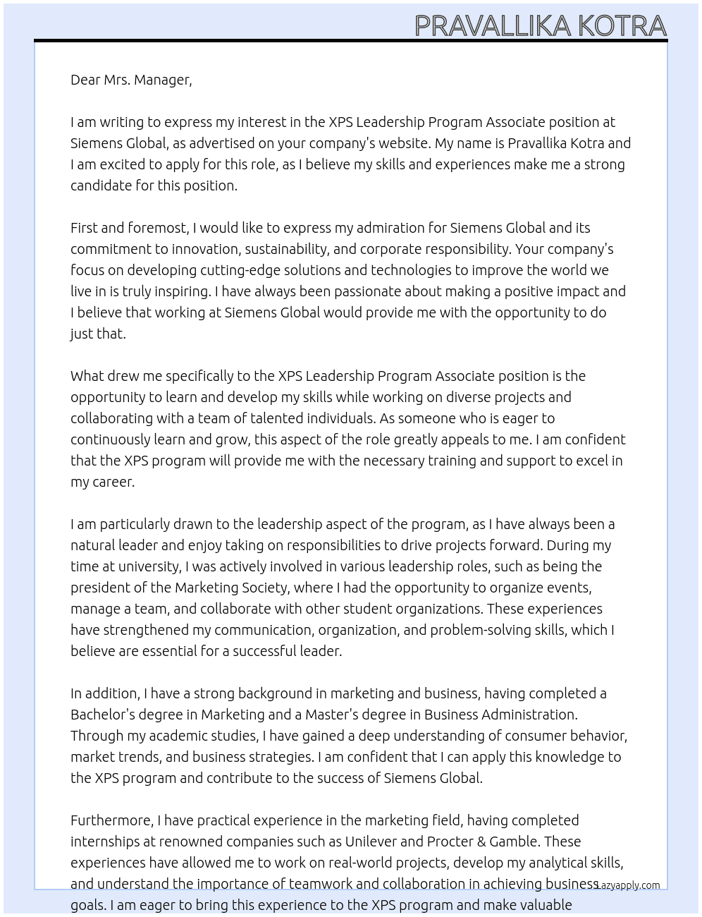 XPS Leadership Program Associate At Siemens Global Cover Letter