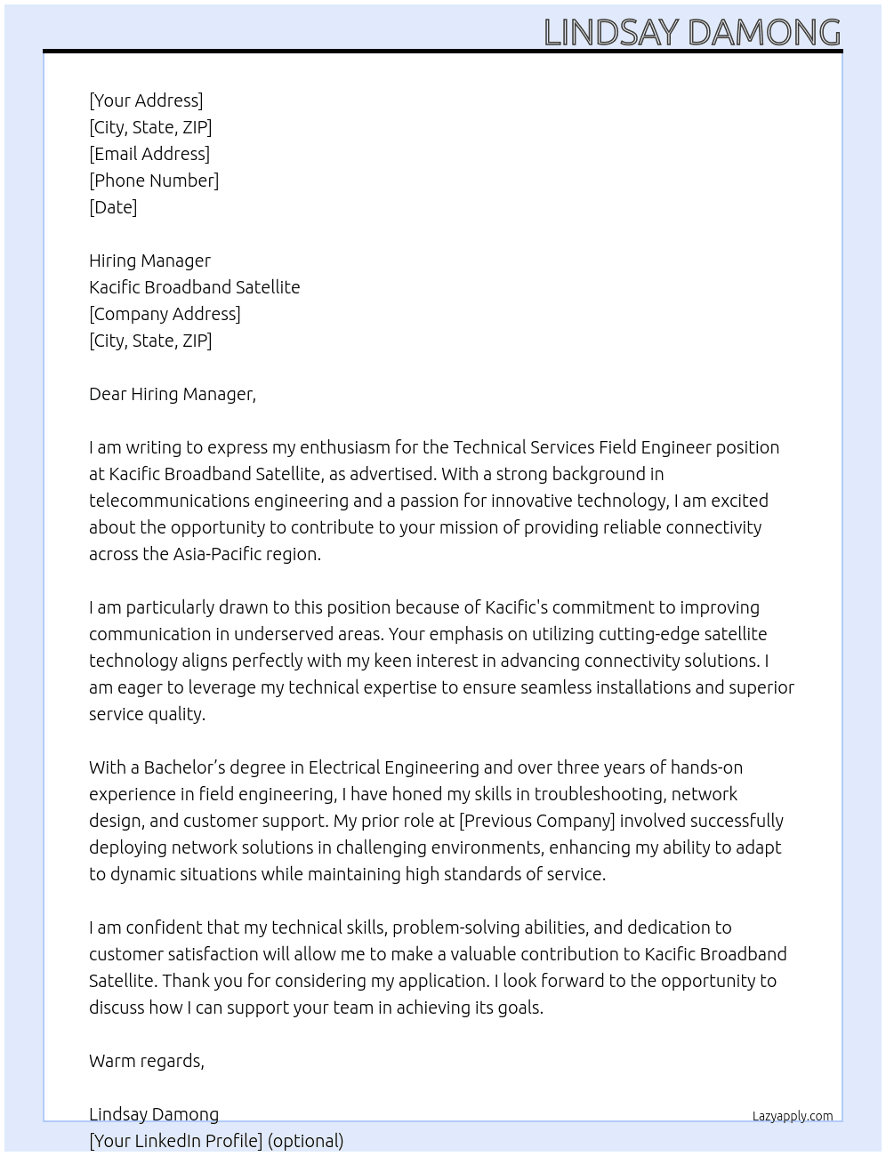 Cover letter for technical services field engineer - LazyApply