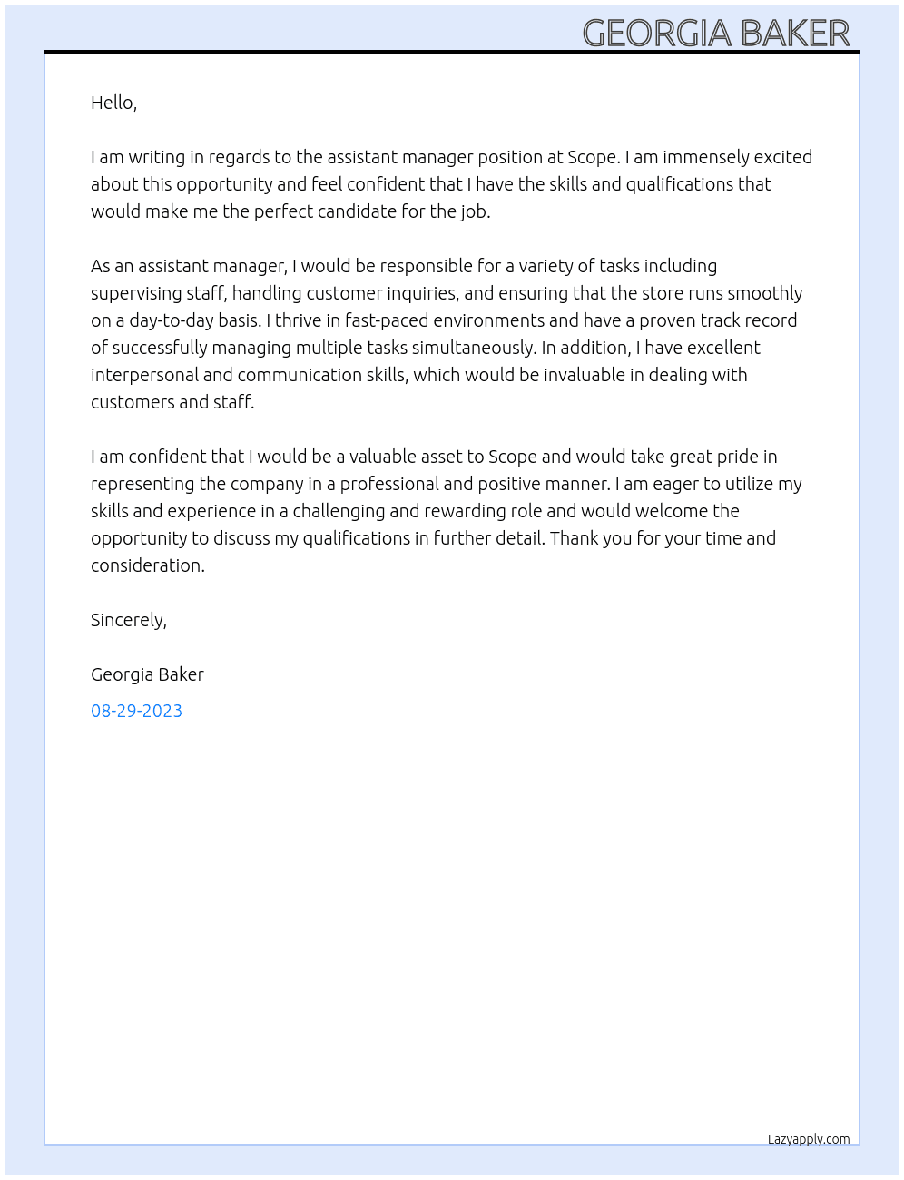 Assistant manager  At Scope  Cover Letter