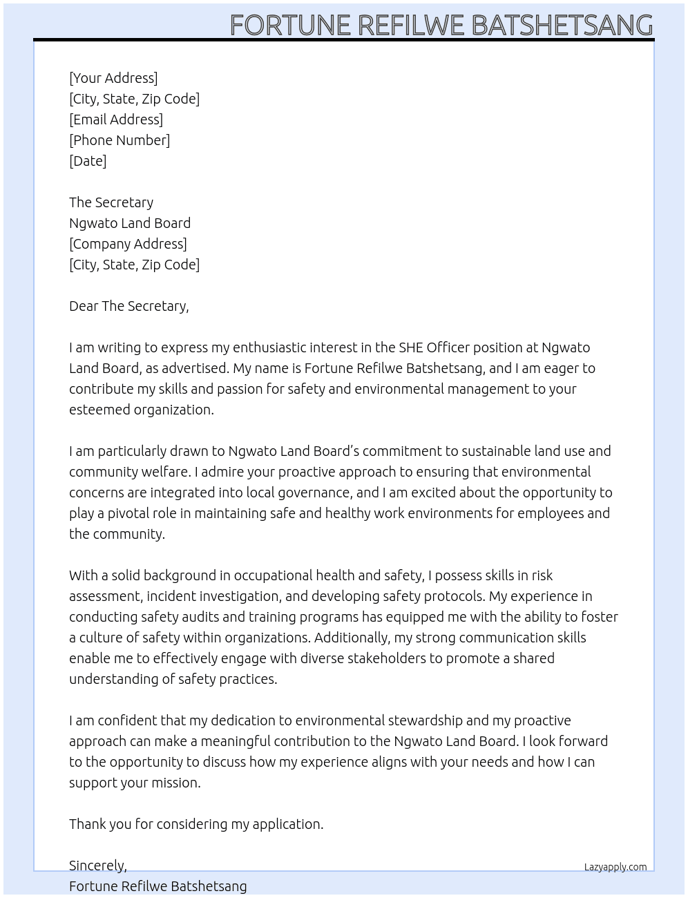 SHE Officer At Ngwato Land Board Cover Letter
