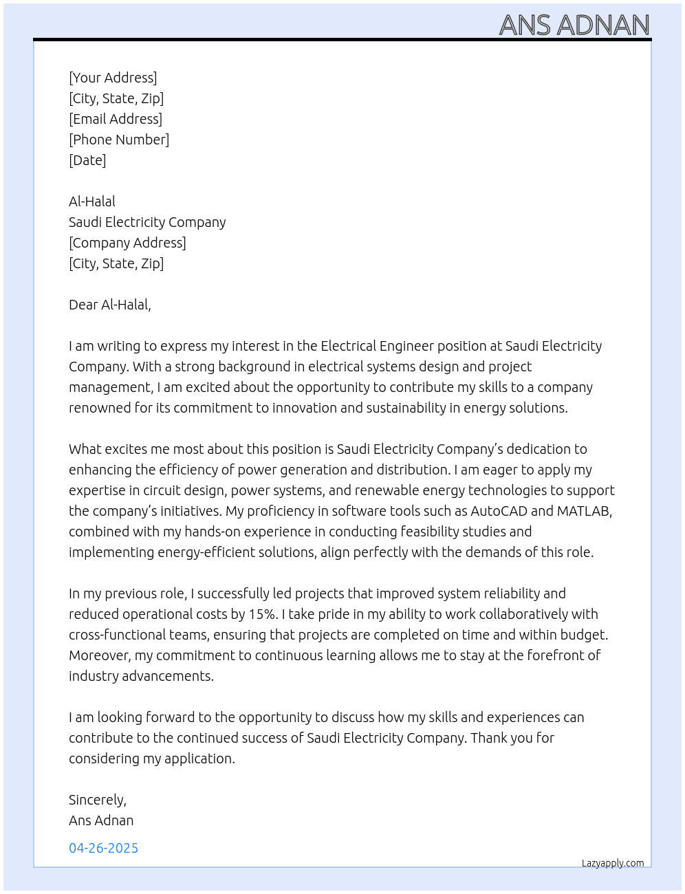 electrical engineer At Saudi Electricity Company Cover Letter