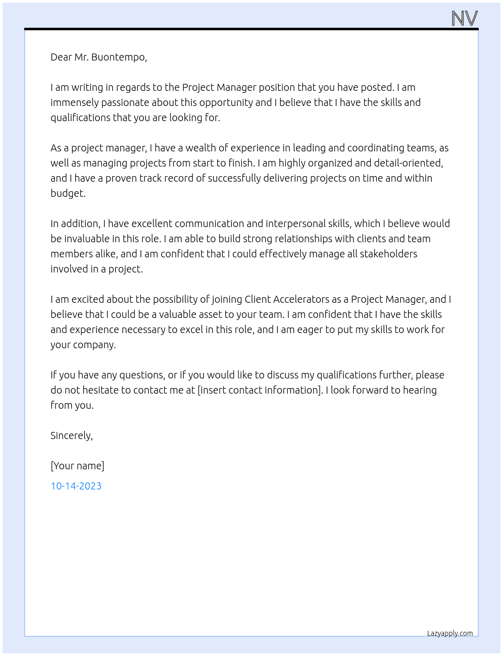Project Manager At Client Accelerators Cover Letter