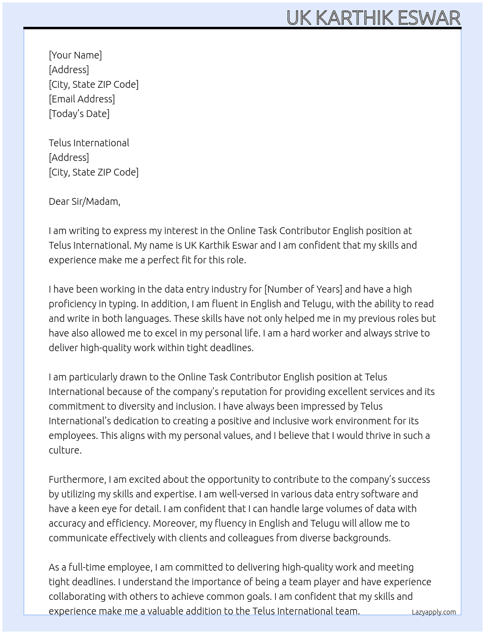 Online Task Contributor English At Telus InternationalTelus International Cover Letter