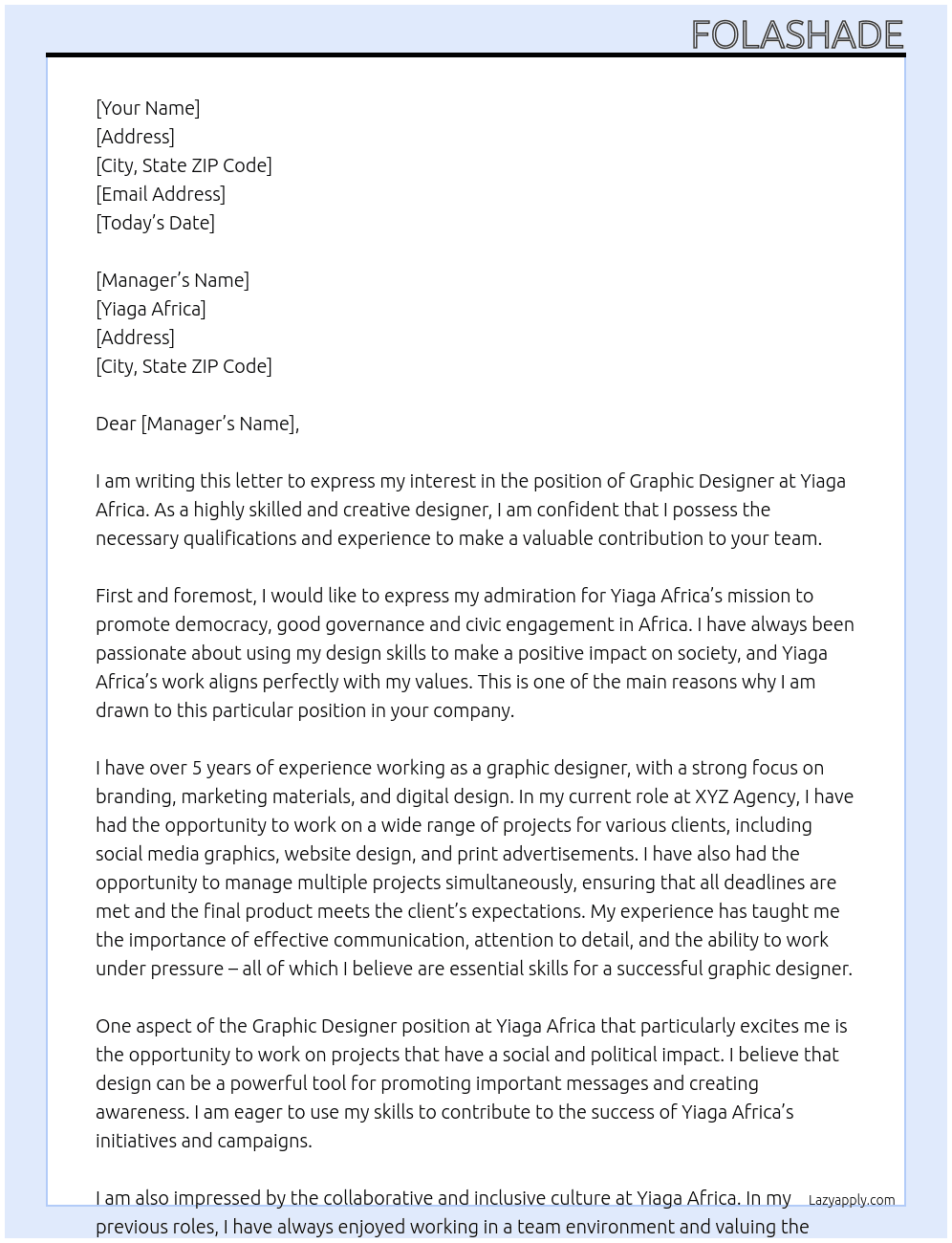 graphic designer At yiaga africa Cover Letter