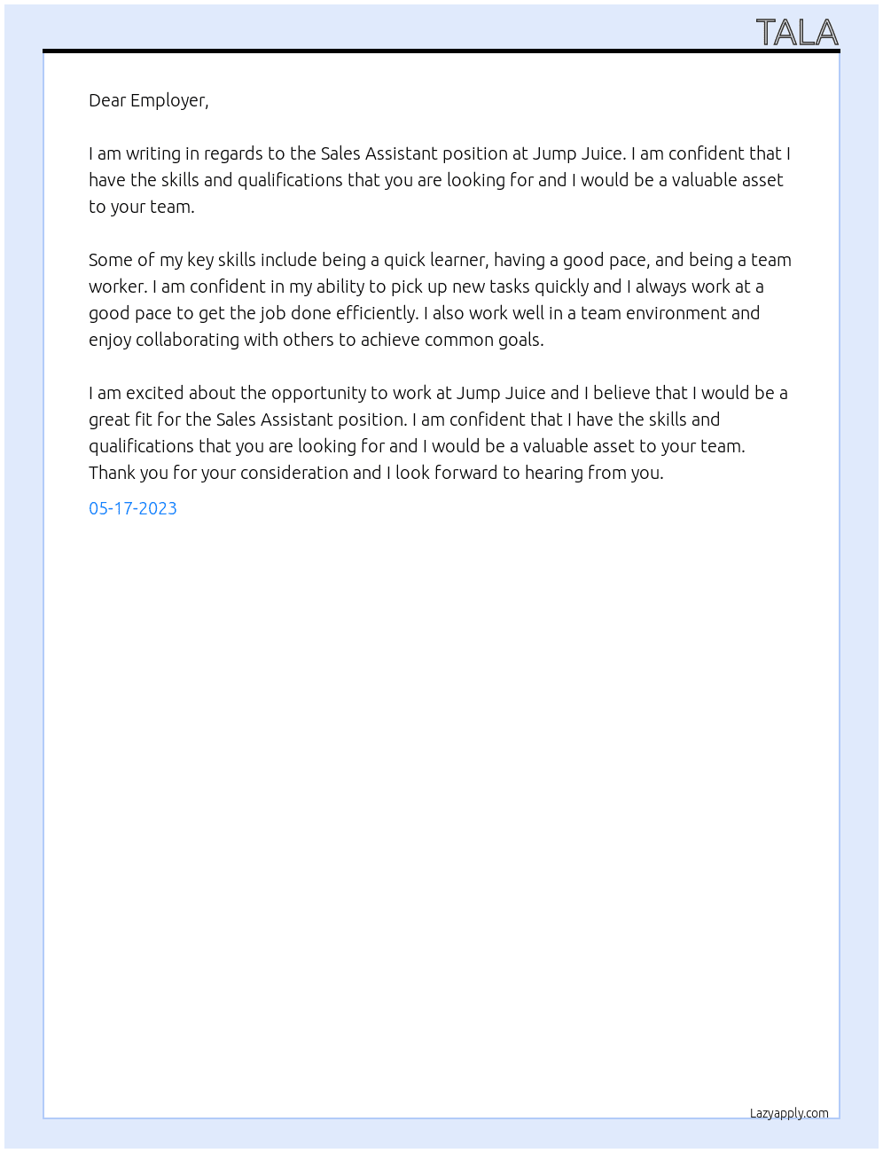 Sale Assisntant At Jump Juice Cover Letter
