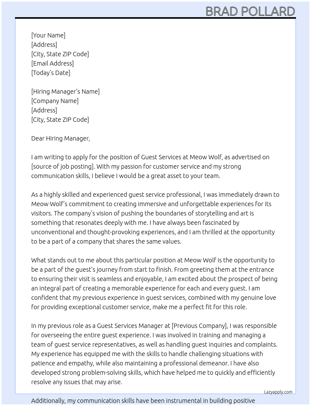 Guest Services At Meow Wolf Cover Letter