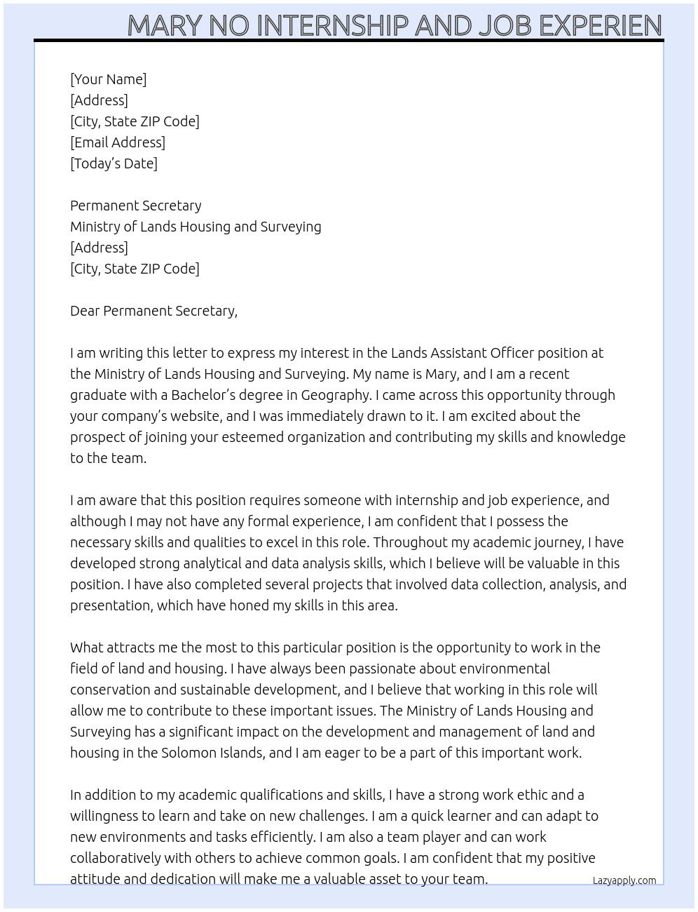 Cover letter for lands assistant officer - LazyApply