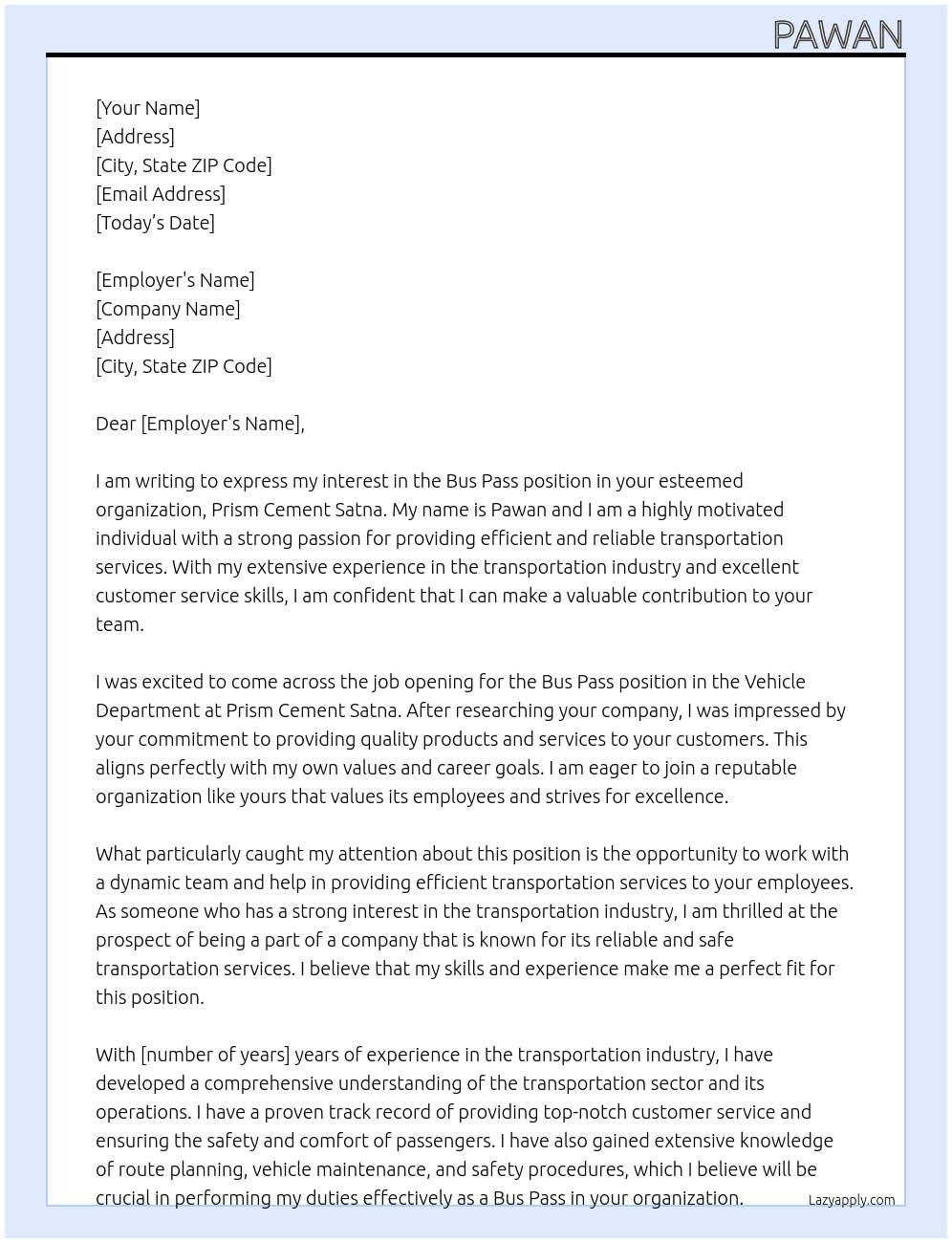 Bus pass At Prism cement satna Cover Letter