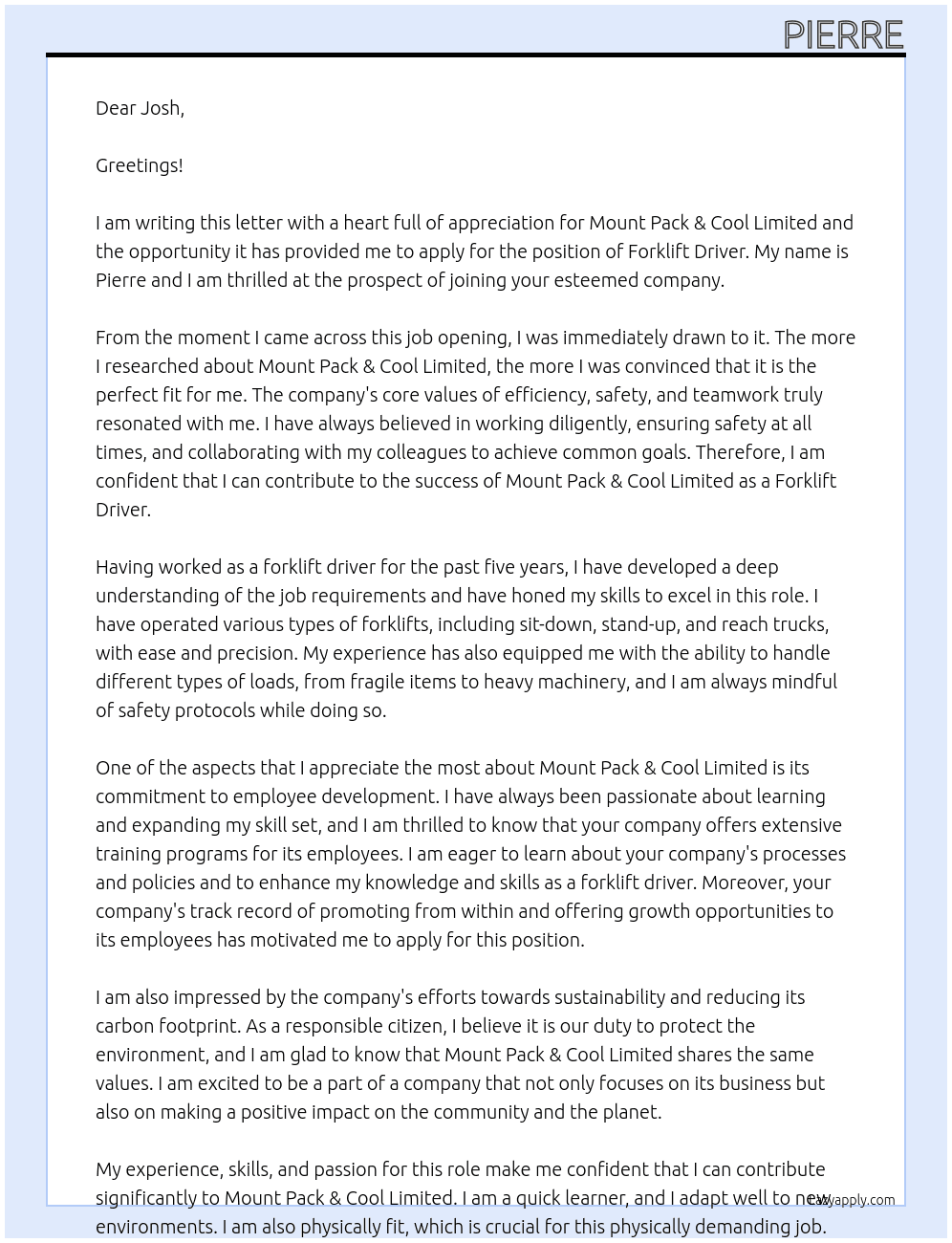 Forklift Driver At Mount Pack & Cool Limited Cover Letter