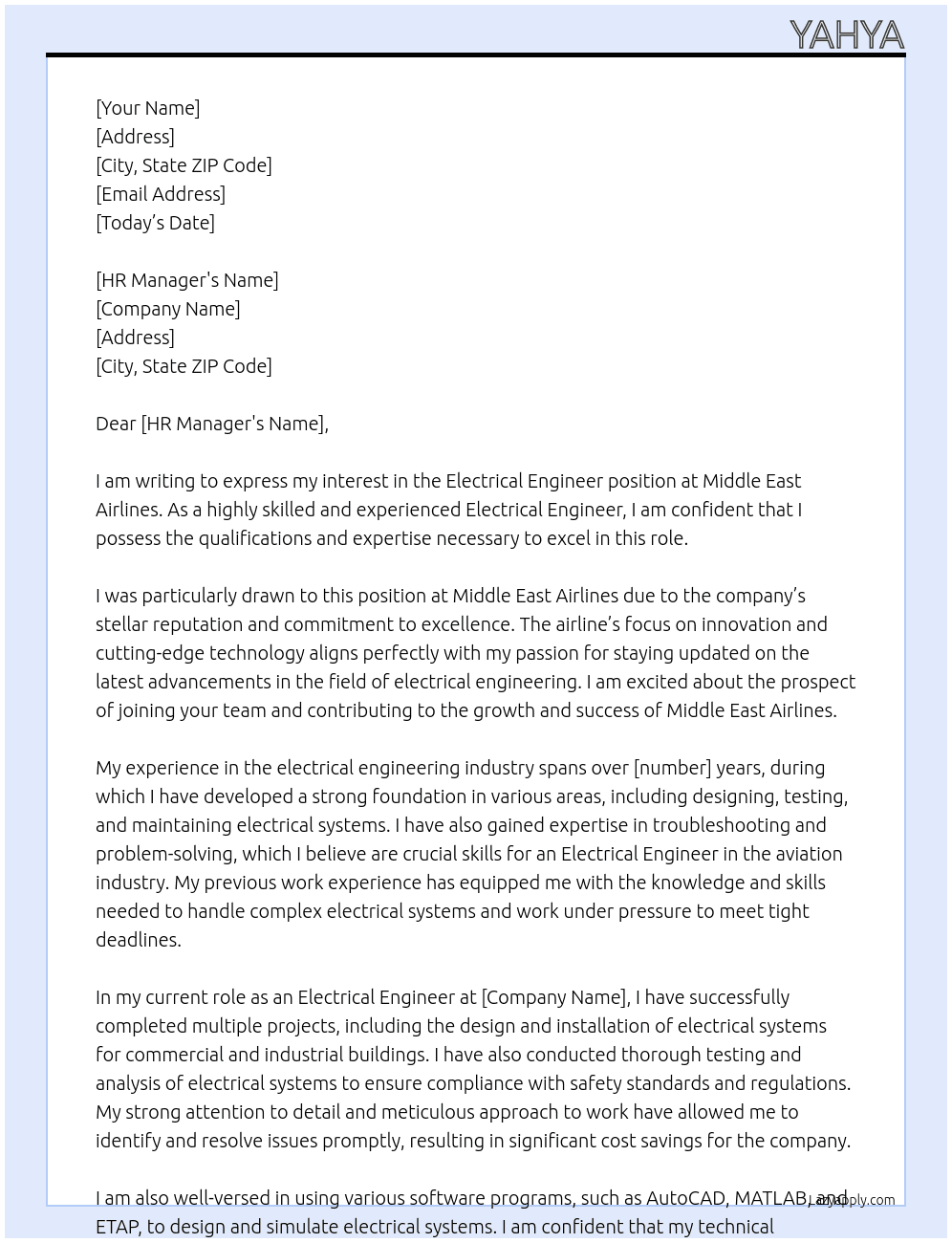 electrical engineer  At middle east airlines Cover Letter