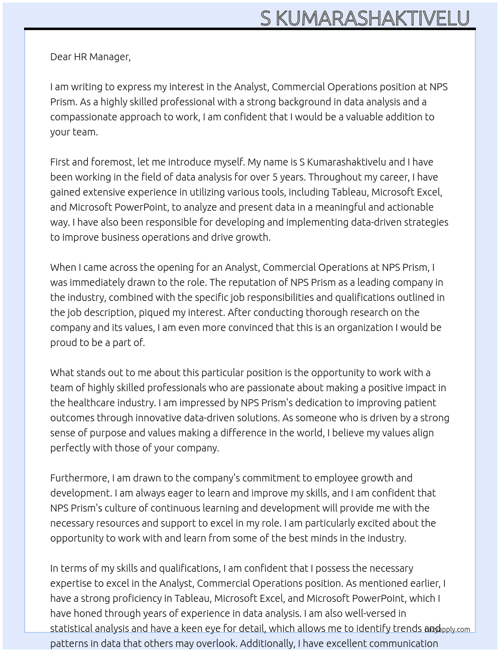 Analyst, Commercial Operations At NPS Prism  Cover Letter