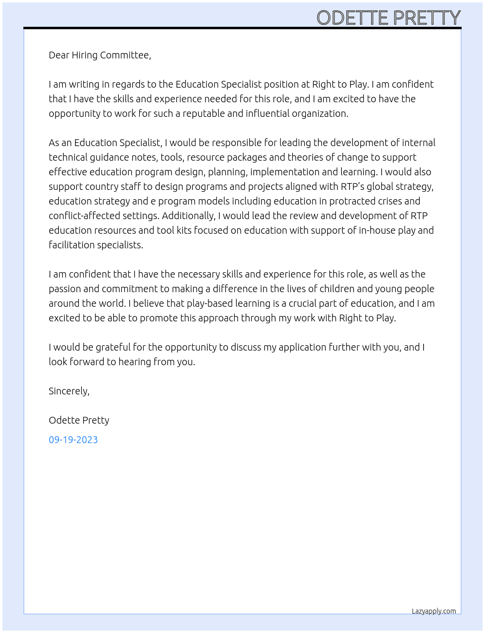 Education Specialist At Right to Play Cover Letter