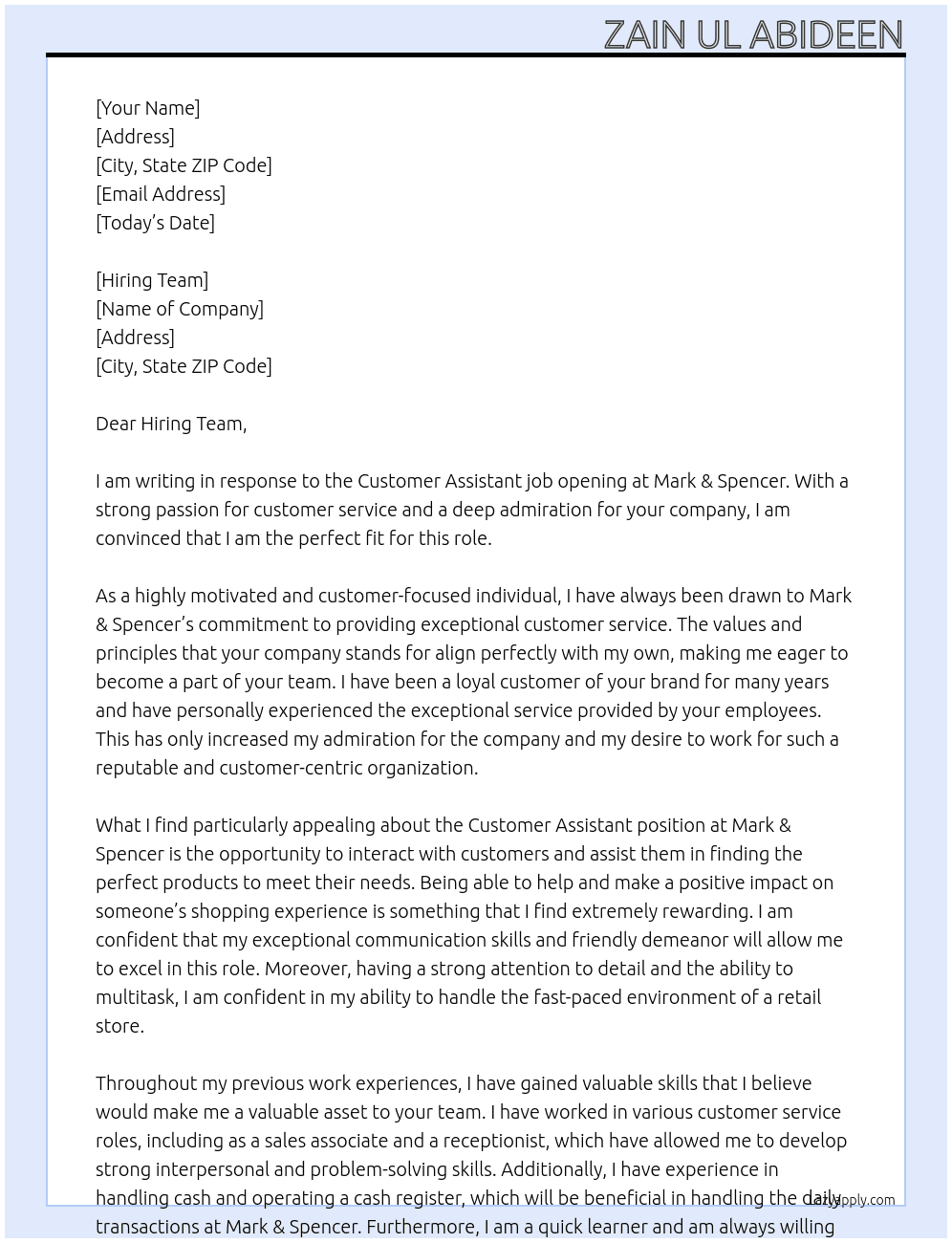 customer Assistant Job At mark & spencer Cover Letter