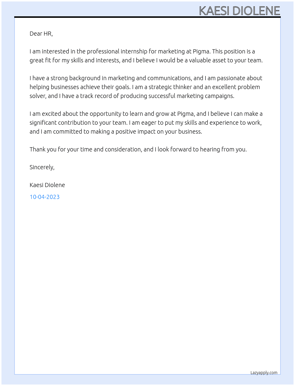 professionnal internership for marketing At Pigma Cover Letter