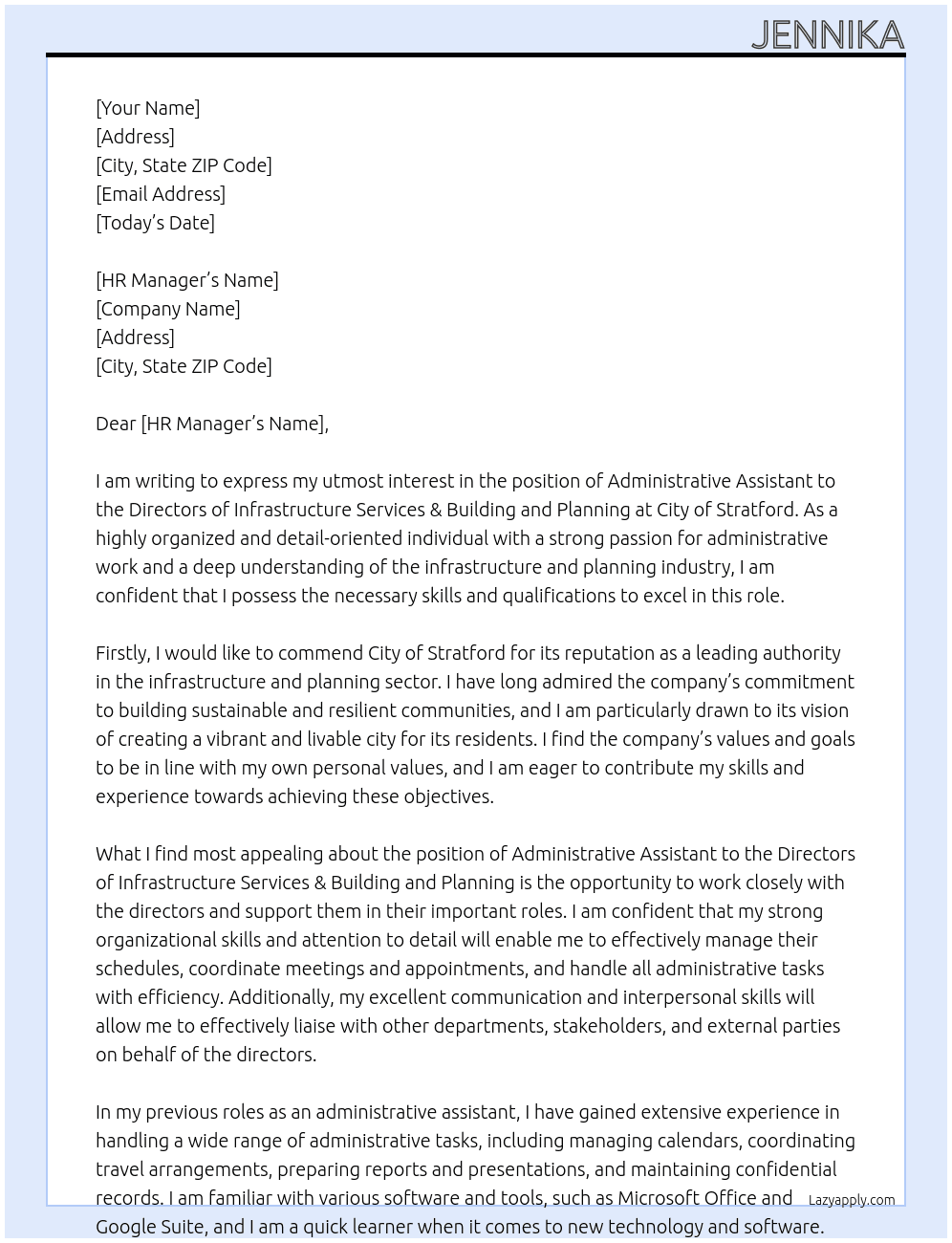Administrative Assistant to the Directors of Infastructure Services & Building and Planning At City of Stratford Cover Letter