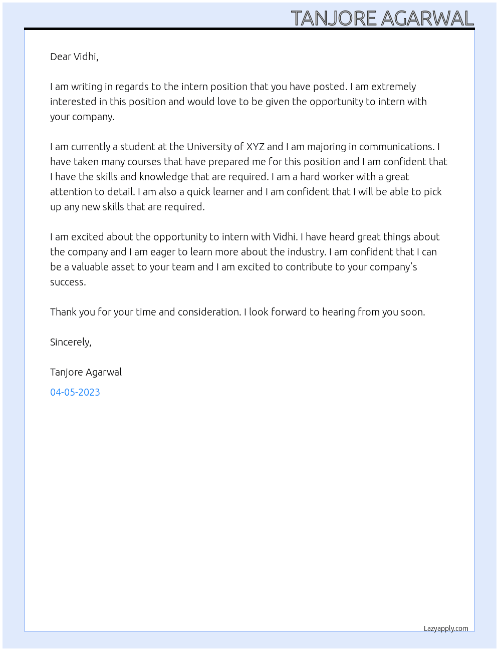 intern At Vidhi Cover Letter