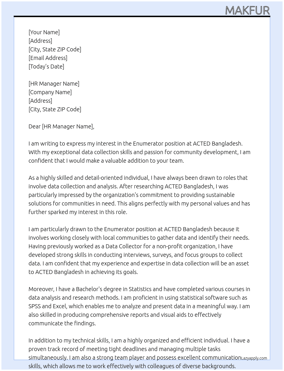 Enumerator At ACTED Bangladesh Cover Letter