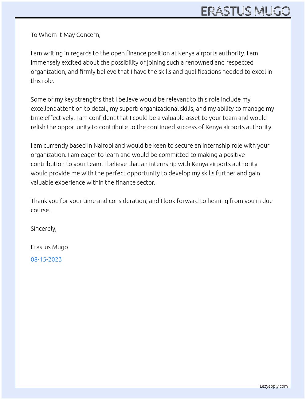 finance At kenya airports authority Cover Letter