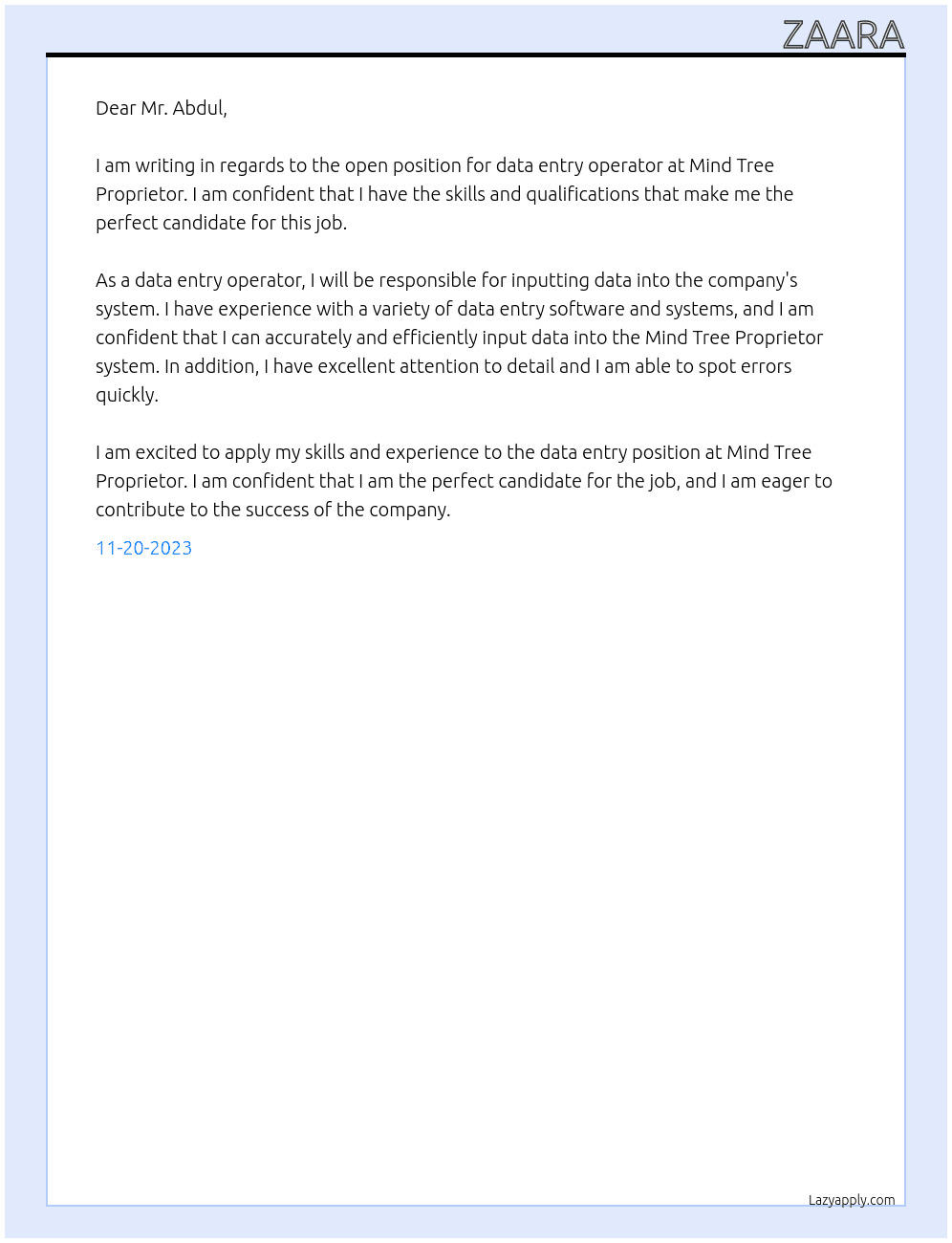 data entry operator At MIND TREE propreitor Cover Letter