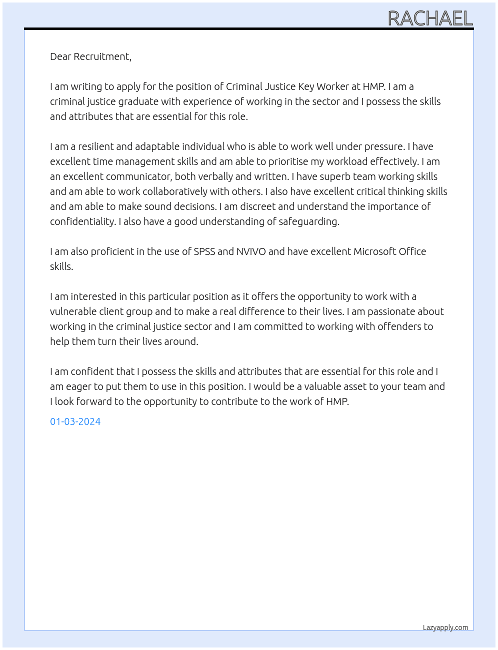 criminal justice key worker At HMP Cover Letter