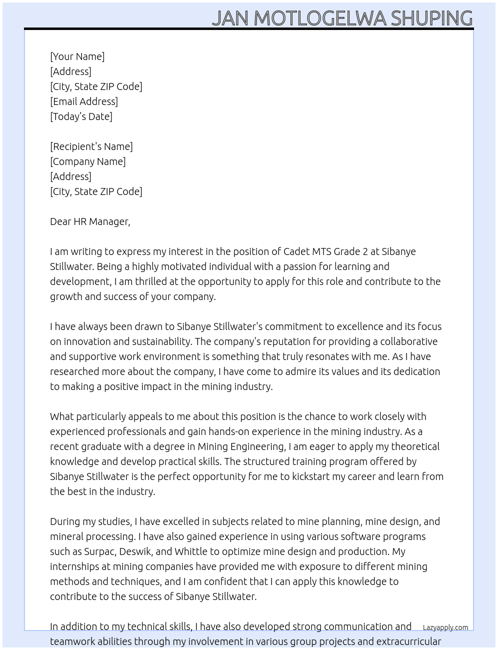 Cover letter for cadet mts grade 2 - LazyApply