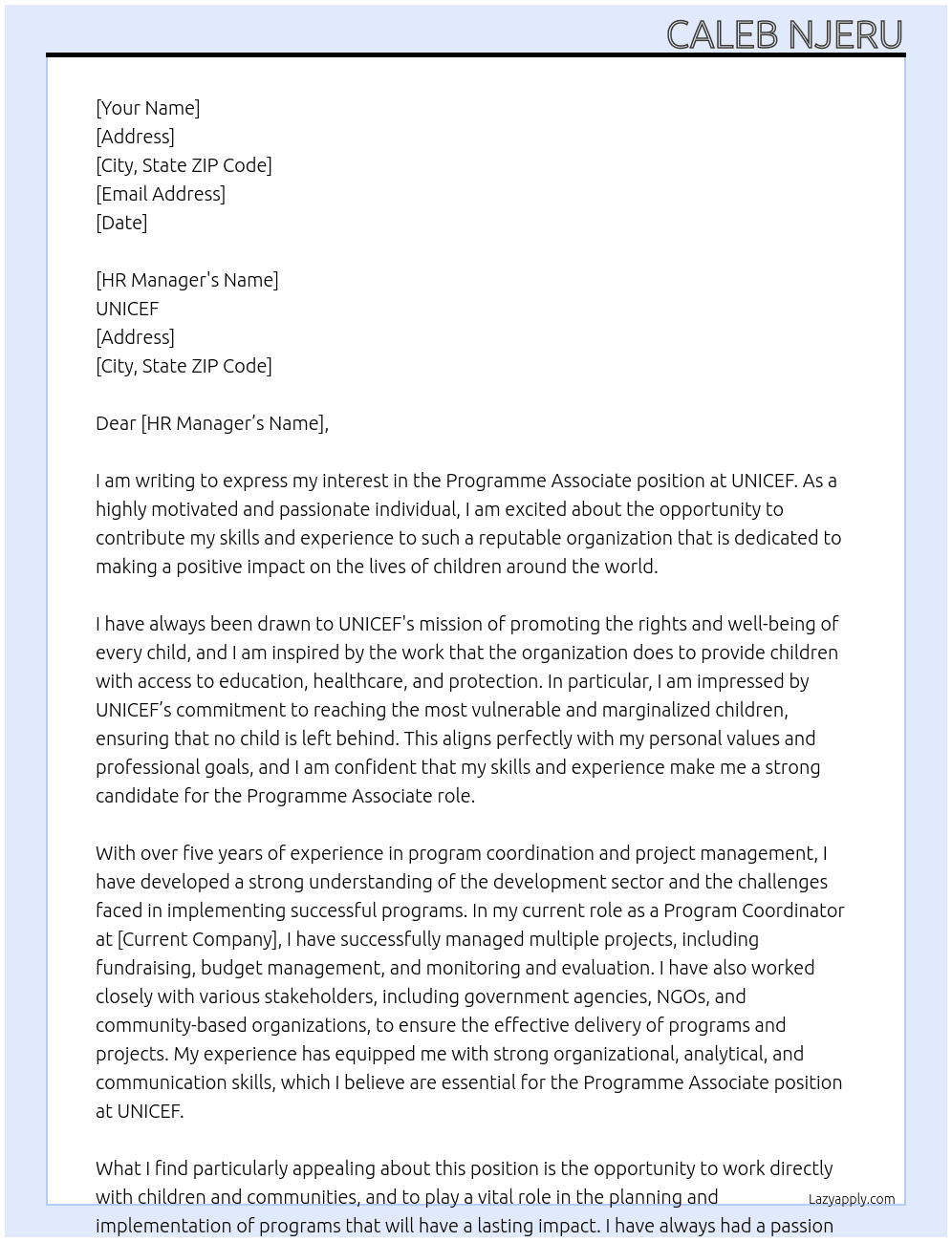 programme associate At unicef Cover Letter