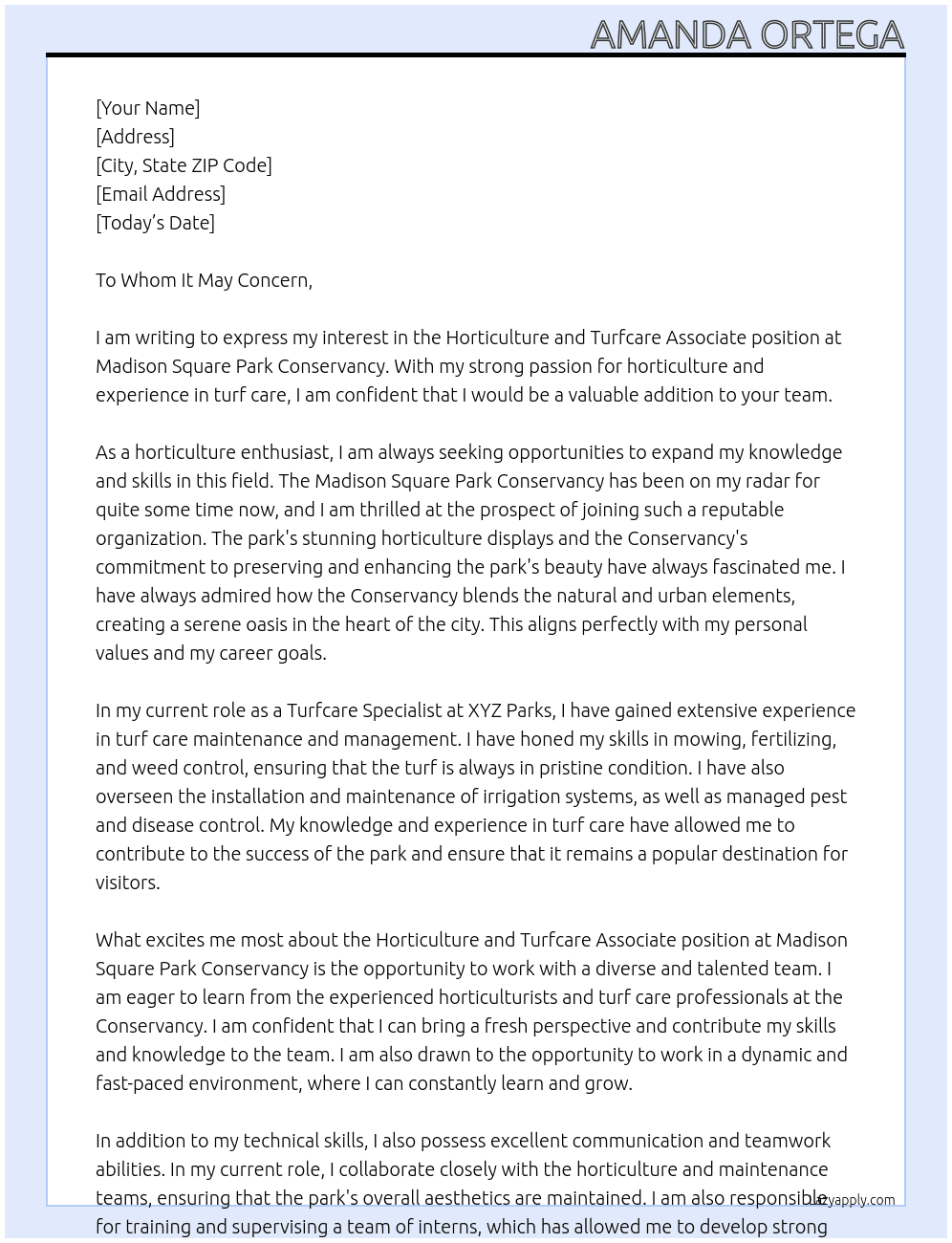 Horticulture and Turfcare Associate At Madison Square Park Conservancy Cover Letter