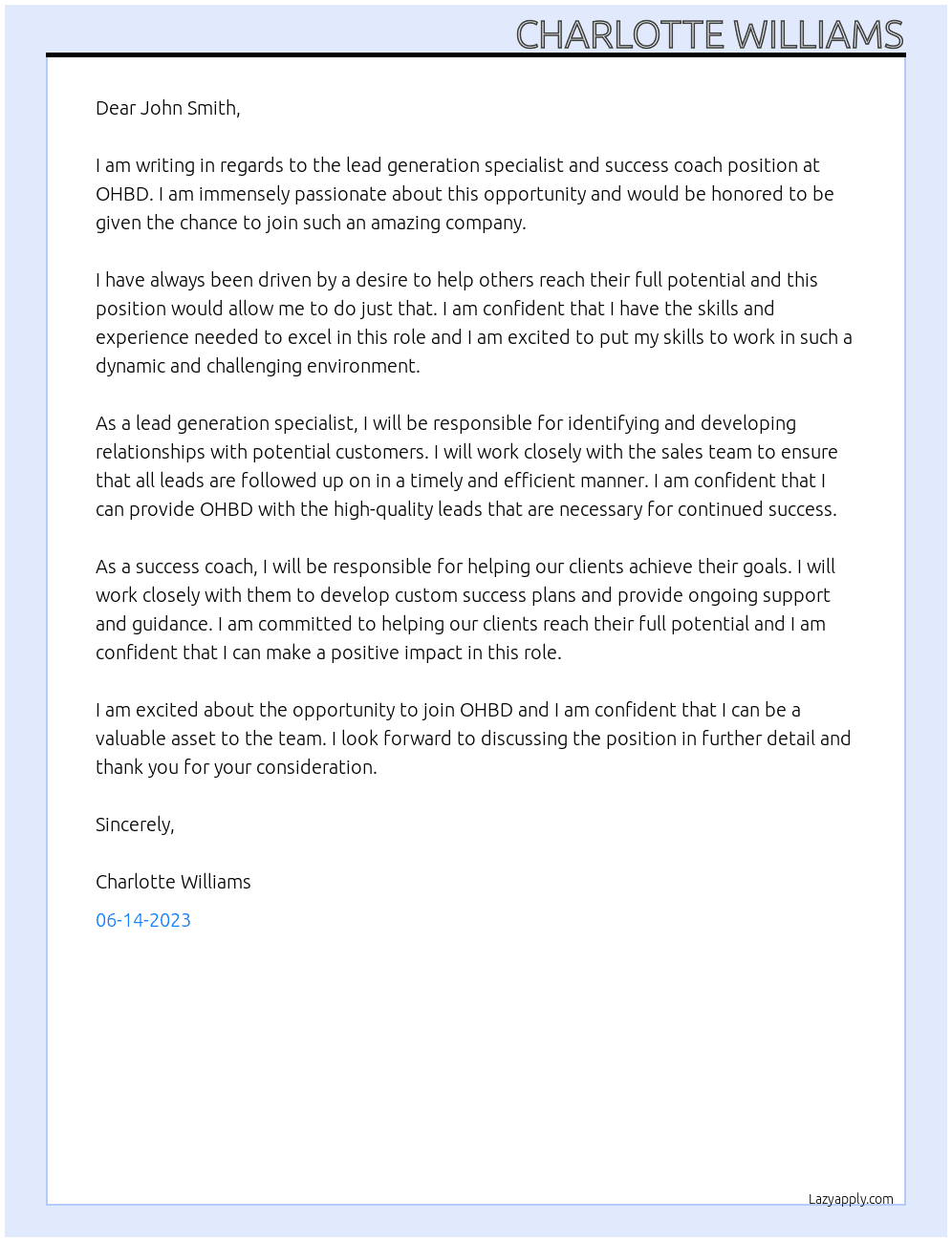 Lead generation specialist and success coach At OHBD Cover Letter
