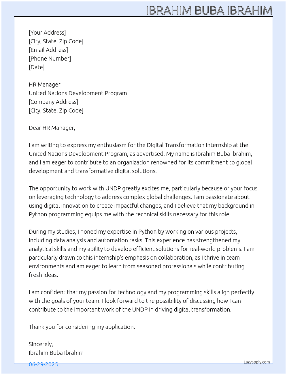 Digital Transformation Internship  At United Nations Development Program Cover Letter
