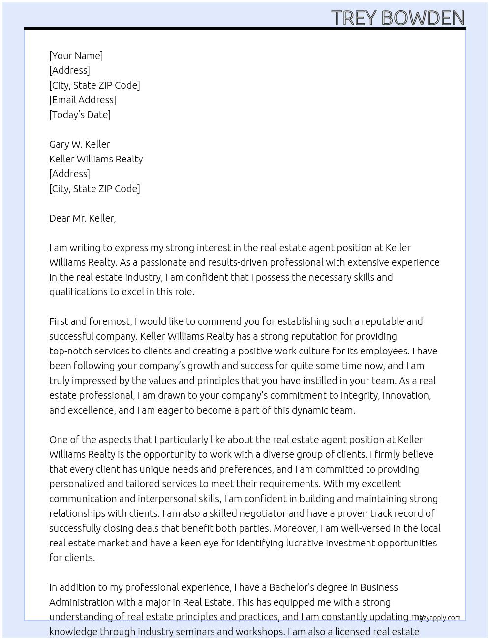 Real estate agent At Keller Williams Realty Cover Letter